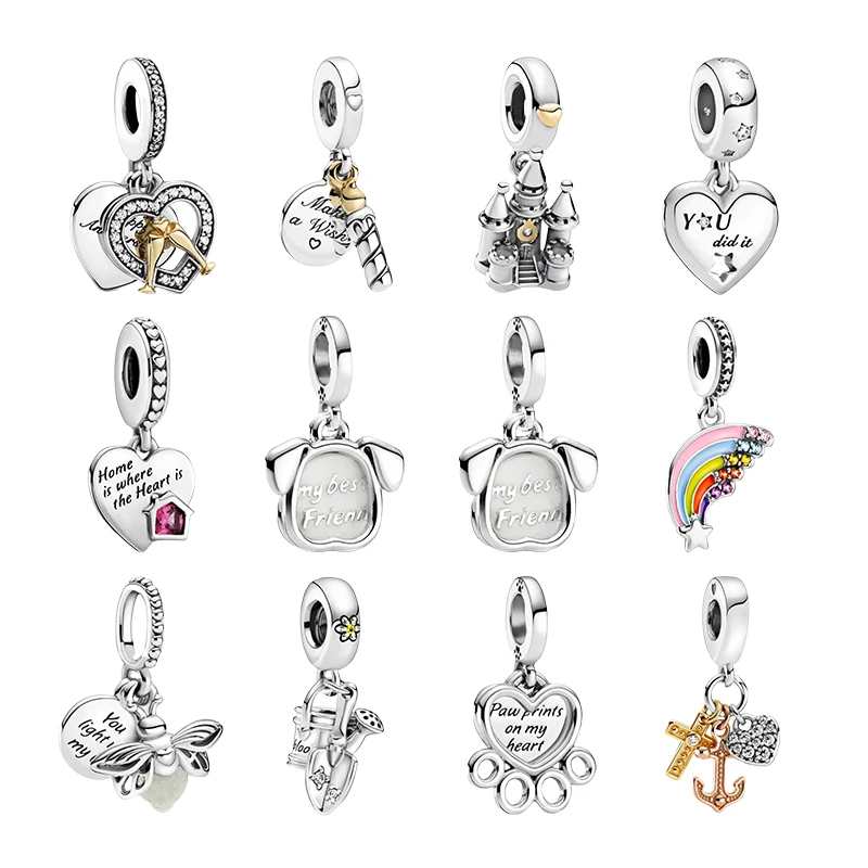 Silver 925 Pendants Charms For Women Bracelets DIY Birthday Candle Castle Heart Star Dog Cat Rainbow Firefly Paw Cross Anchor