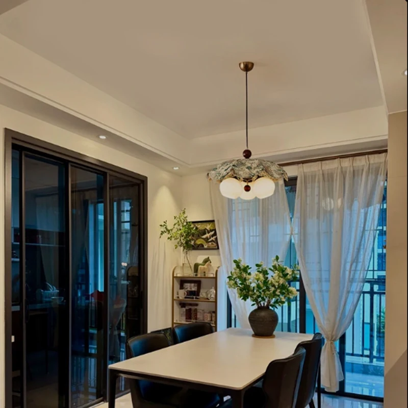 Vintage Fabric Acrylic Dining Table Pendant Lamp Palace Atmosphere Restaurant Hanging Light Bedroom Classical LED Lights Fixture