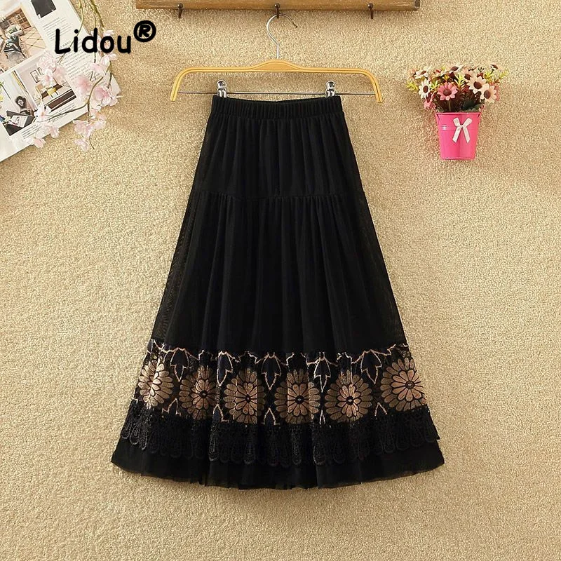 Summer Fashion Embroidered Hollow Out  Women\'s Mesh Half Length Skirt with Elastic Waist Lady Large Swing Skirt