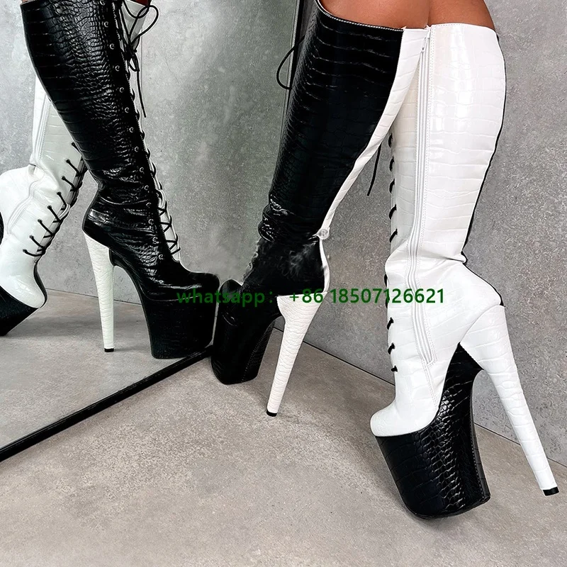 Color Block Cross Strap Knee-High Boots Round Toe Water Table Side Zipper Sexy Boots