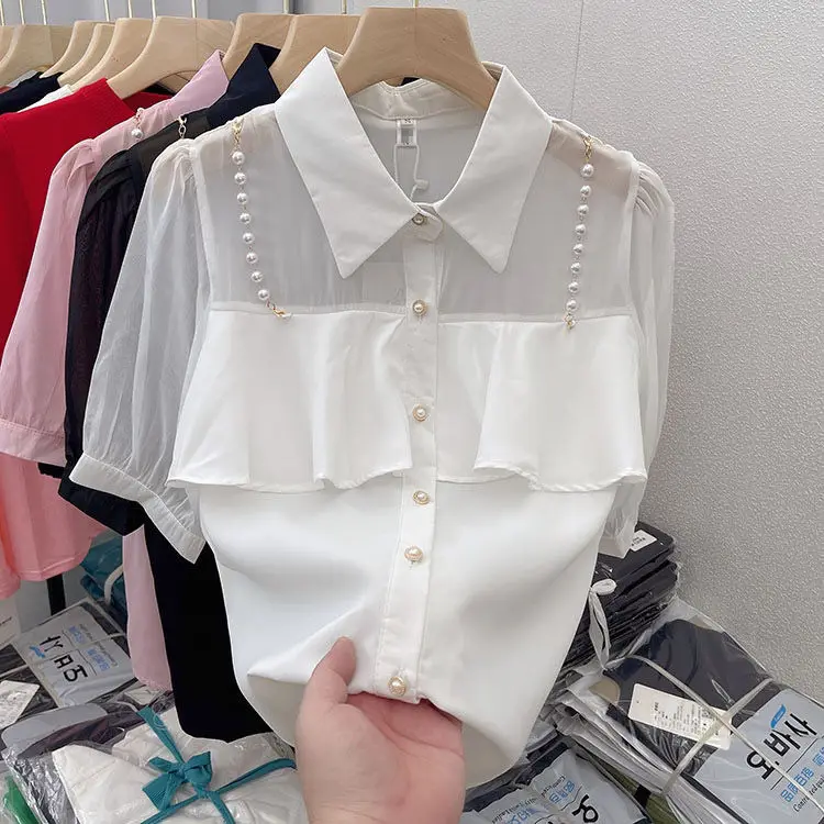 

2025 Summer New Sweet Design Sense Polka Dot Blouse Women's Bubble Sve Collar Top Breathable Thin ort Sve irt