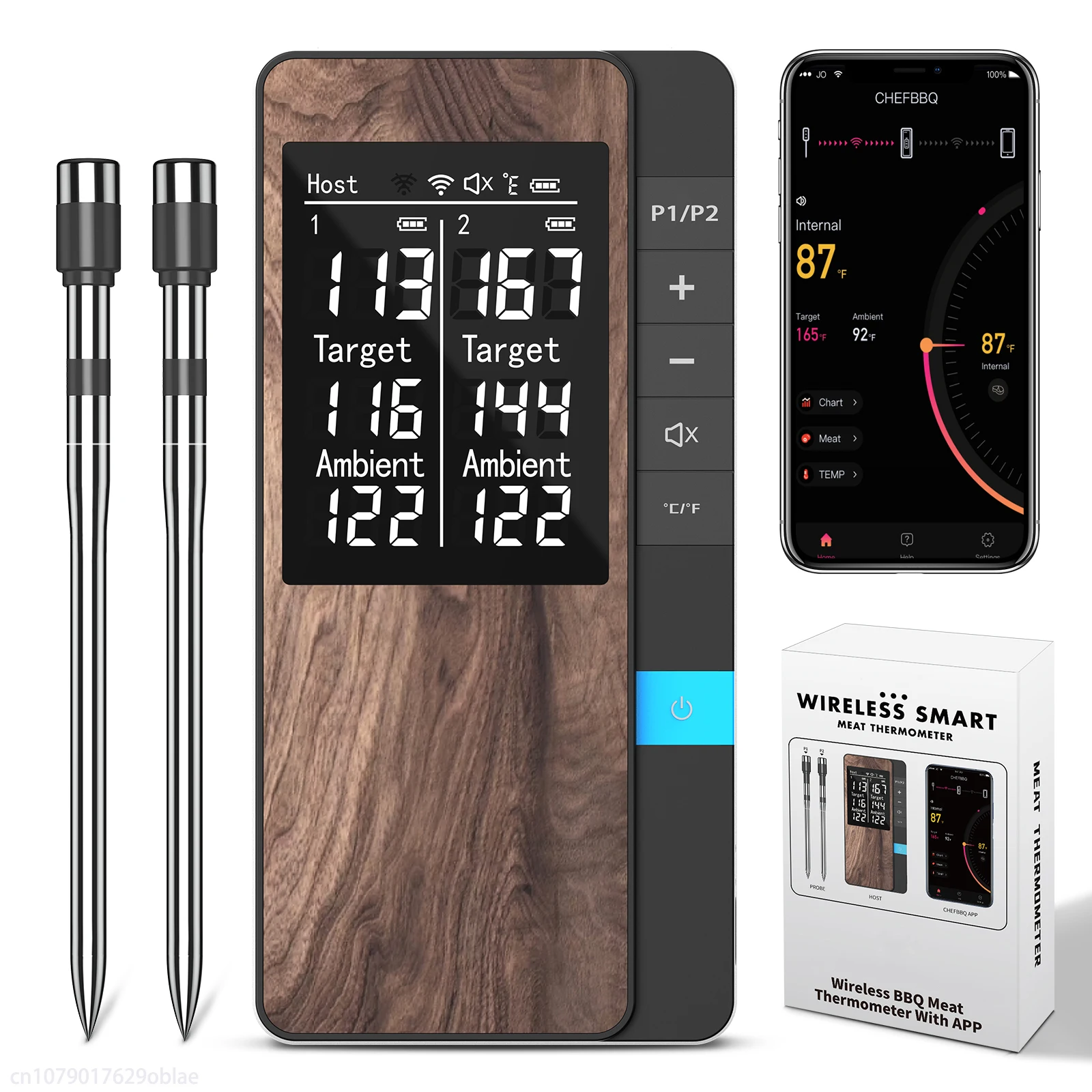 Wireless Meat Thermometer Digital Bluetooth Dual Probe Rechargeable with LCD Screen Support Mobile APP for BBQ Oven Grill