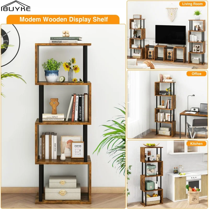 

Iron Wood Bookshelf S-Shaped Bookcase Multifunctional Decorative Storage Rack For Living Room And Home Office Organization