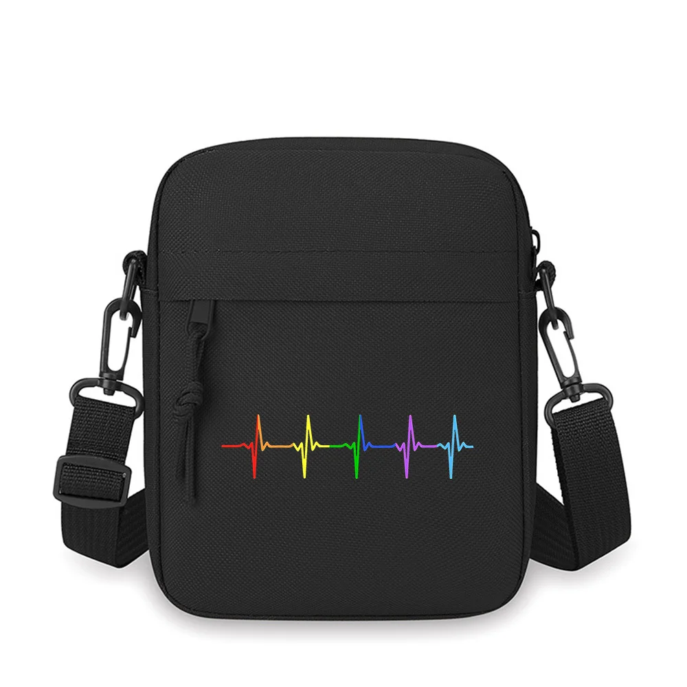 

Rainbow heartbeat lines on black Men Crossbody Bag Single Shoulder Women Cartoon Anime Film Printing Design Unisex