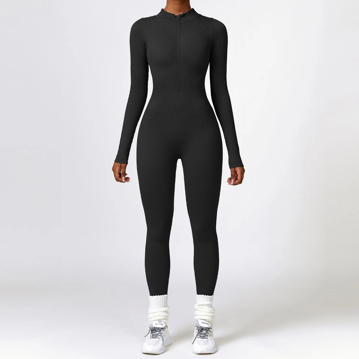 Women's Rib Jumpsuits One-Piece Zipper Long Sleeved Yoga Set Gym Push Up Workout Clothes Fitness Bodysuit Sportswear Tracksuit