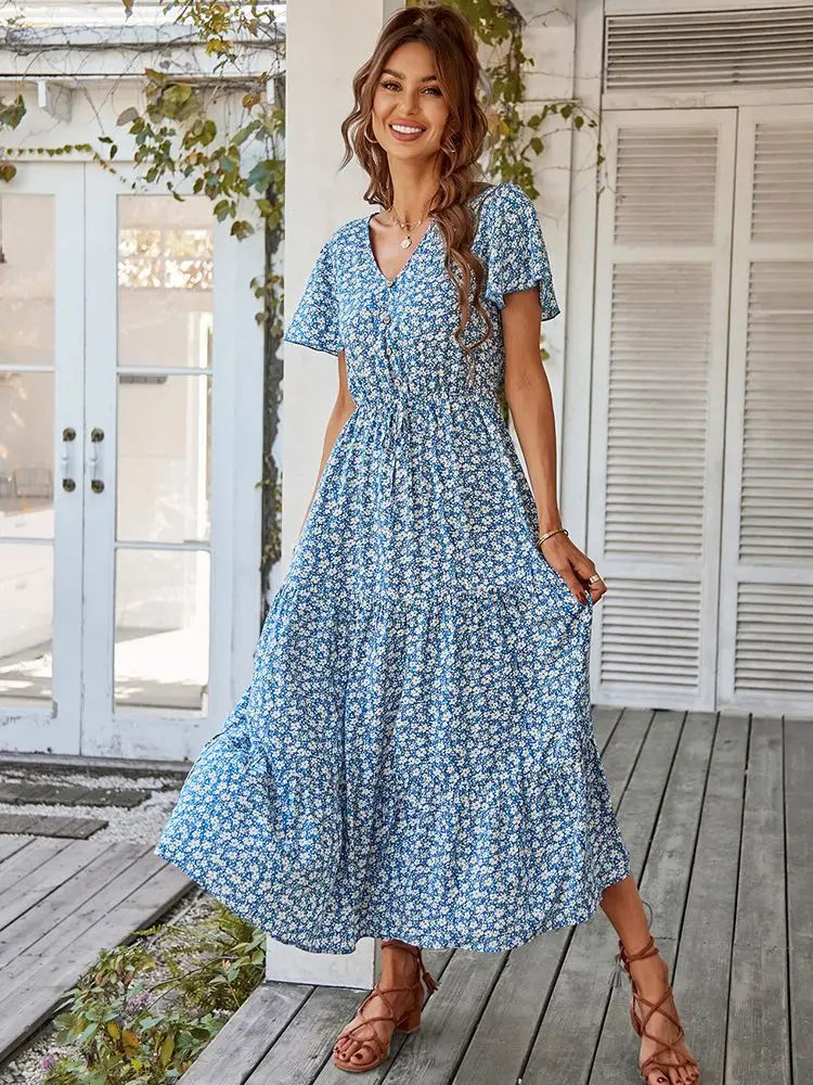 Floral  Print Dress Women 2024 Summer Fashion V Neck Lace Up Button Split Midi Dress For Woman Casual Long Boho Dresses Clothes