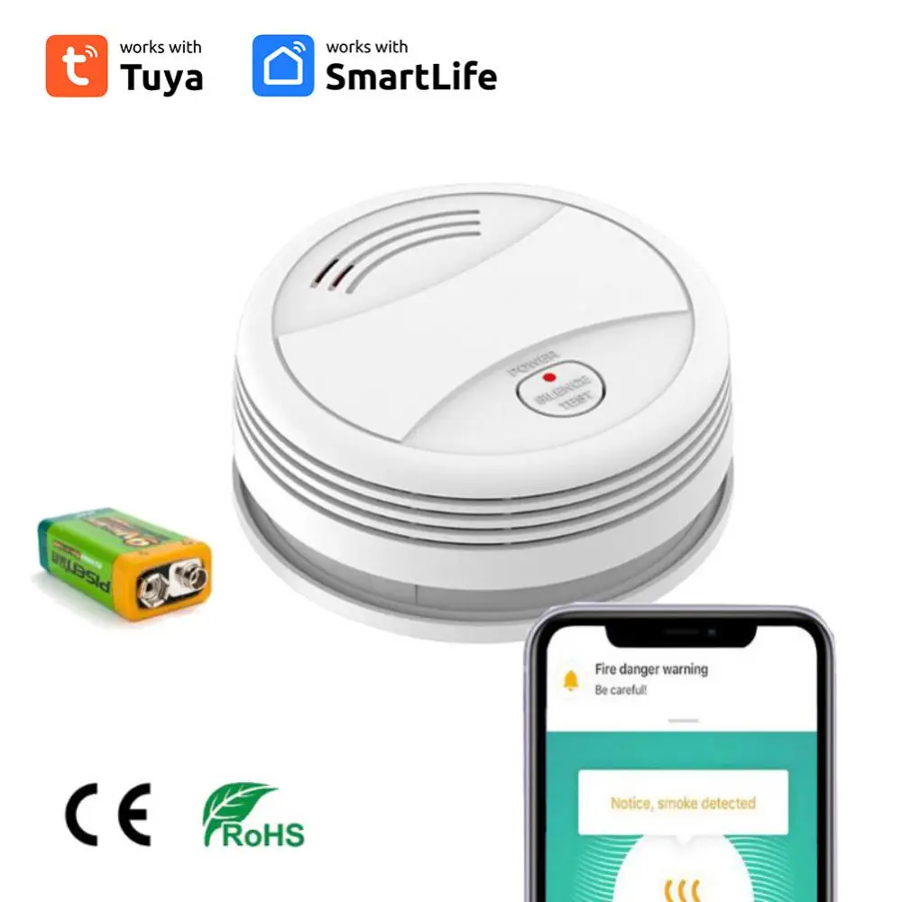 Tuya Smoke Detector Pressing Smart Home Security 80db Wireless Remote Red Led Flash Support Alexa Home Ifttt Timing