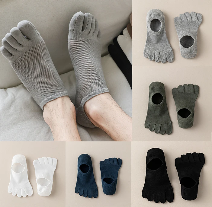 5Pairs Men's Invisible Toe Socks Summer Cotton Thin Five Fingers Boat Socks Casual Black White Grey Split Toe Socks For Men
