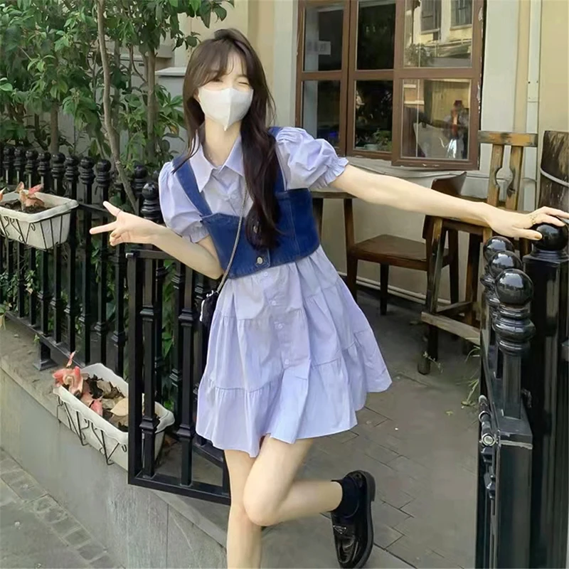 Women Vintage Preppy Style Puff Sleeve Shirt Dresses Denim Suspender Vest Summer Set Dress