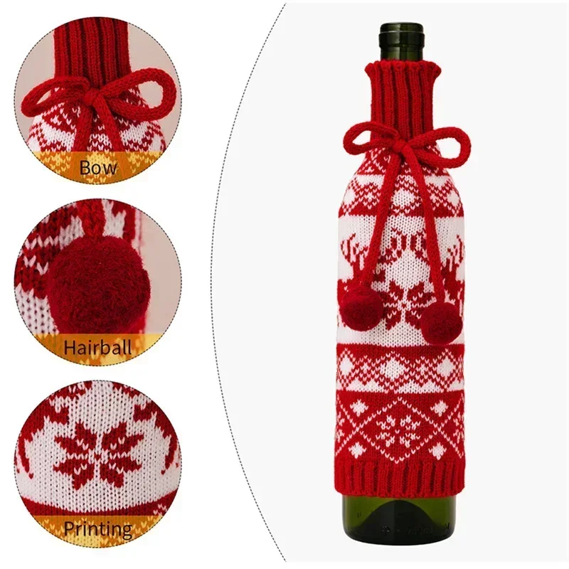 Christmas Wine Bottle Cover Table Dress Knitted Snowflake Elk Belt Pattern Wine Bag Kitchen Tableware Xmas Ornament Party Gift