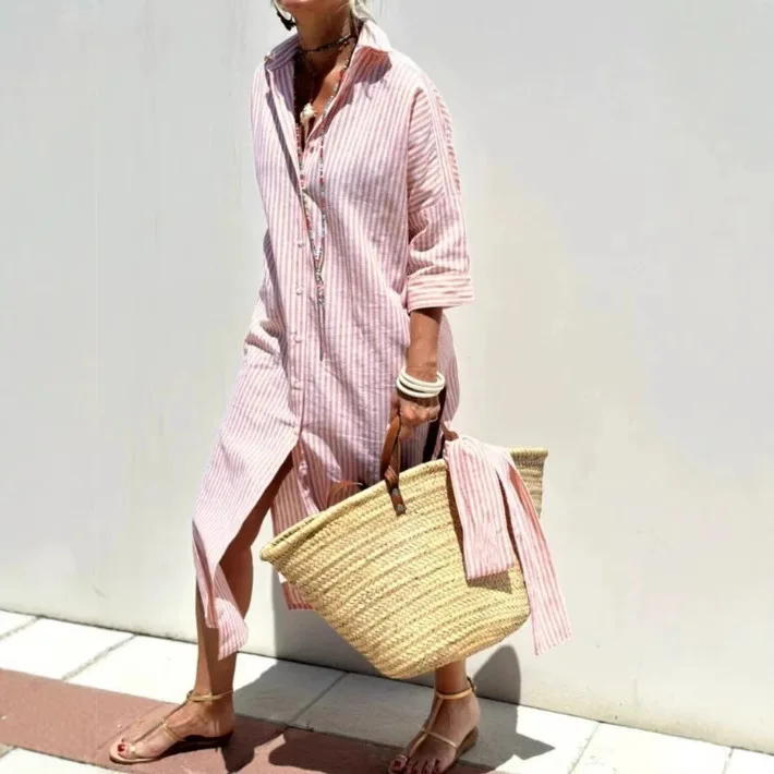 

Women's New Five-quarter-sleeved Striped Cardigan Lapel Shirt Dress Medium Length