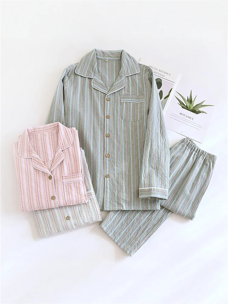 

Cotton Pajamas Couple Spwear Long Sve Thin Cotton Cloth Men Women Home Clothes Set Large Size Striped Home Clothes
