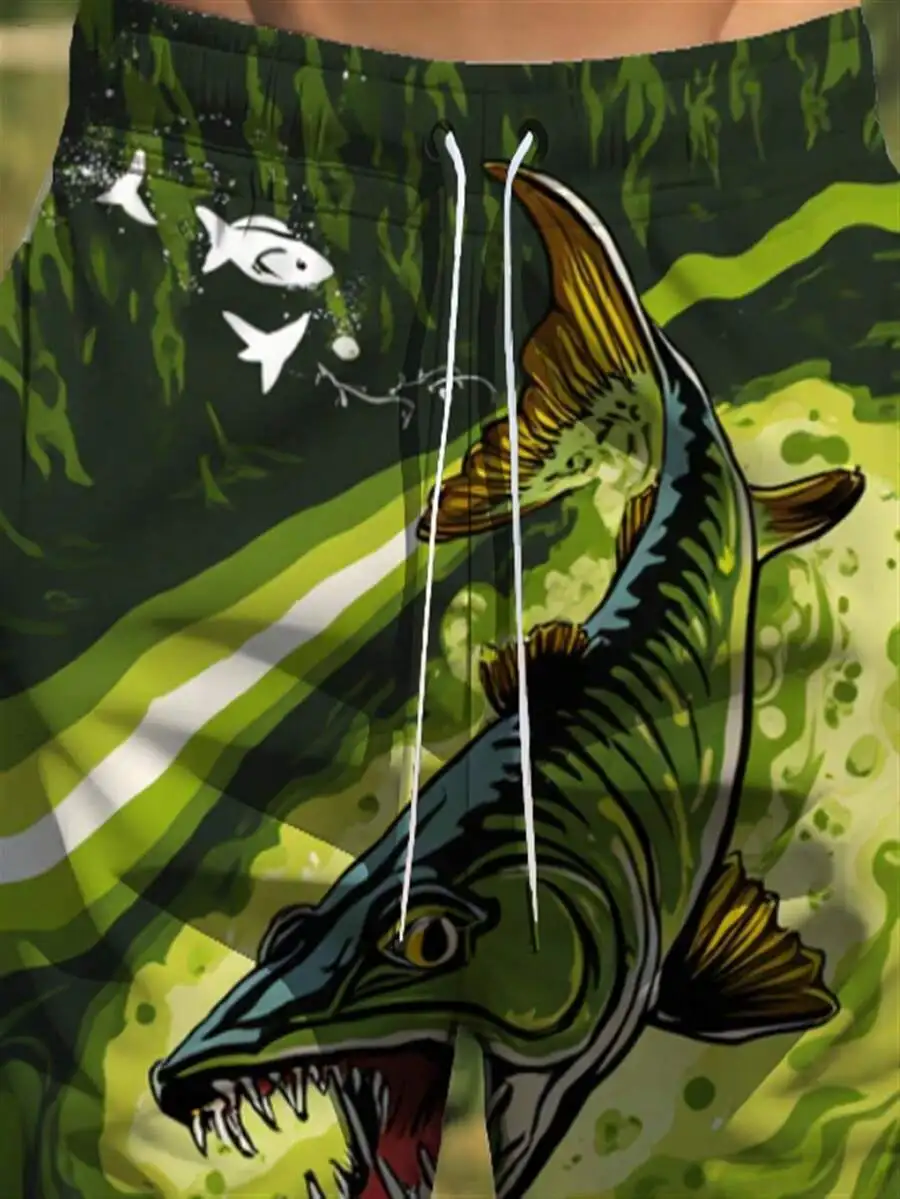 

Mens Quick-Dry Beach Shorts With Bold Fish Graphic Print, Drawstring Waist, Lightweight Polyester