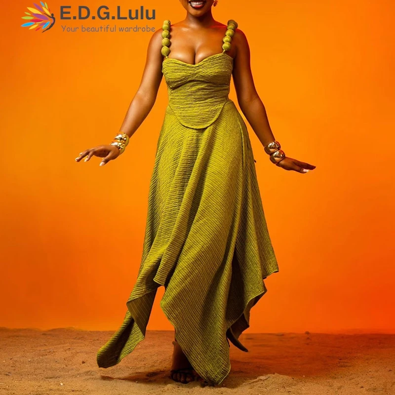 فساتين EDGLuLu بدون أكمام غير متناظرة باللون الأخضر والبرتقالي للمرأة مثيرة برباط ورباط بدون ظهر مطرز بحمالة طويلة 1112