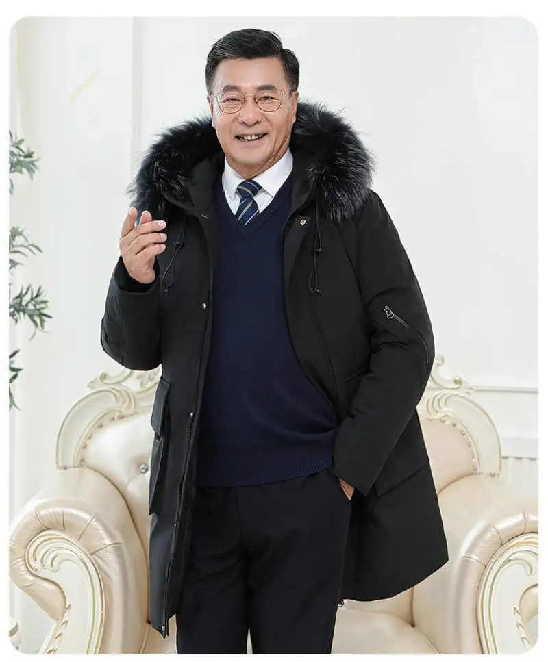 2022 Winter New Down Jacket Middle-Aged and Elderly Men's Thickened Mid-Length Real Fur Collar Jacket Dad Wear