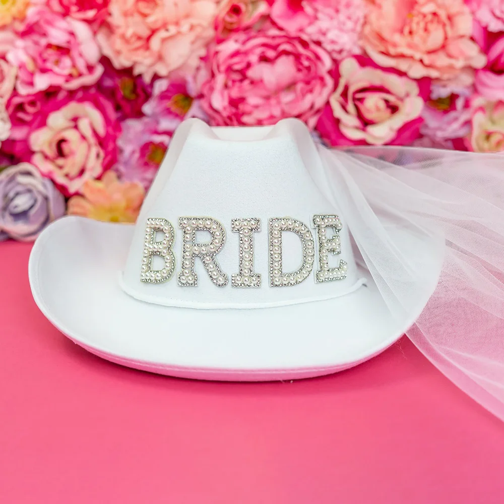 

1 шт., ковбойская шляпа невесты с жемчужными буквами и вуалью, аксессуары для девичника Nashville, шляпа в стиле вестерн для последней езды невесты