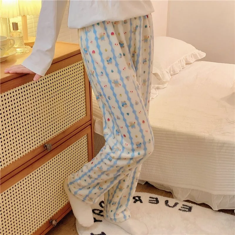 Fluffy Bear Pajama Pants Plus Size 4XL Fuzzy Warm Homewear Y2K Kawaii PJ Pants Women Flannel Sleepwear Girls Soft Sleeping Pants