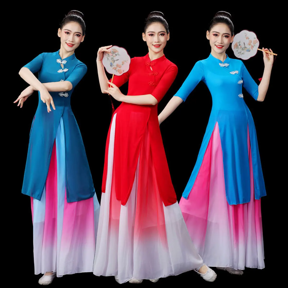 Xianyu Qianxun Classical Dance Square Dance Costume Mid length Qipao Odai Three piece Set Walking Show Ethnic Style Watch Perfor