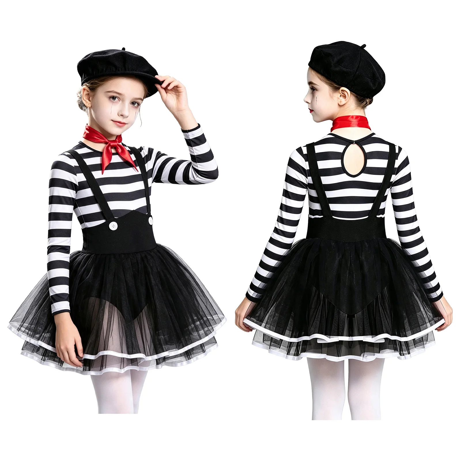 Kids Girl Long Sleeve Mesh Tutu Circus Wicked Clown Jester Dress with Hat Neck Scarf Halloween Masquerade Carnival Party Costume