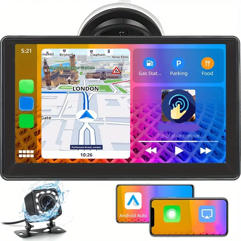 

Portable Wireless Android Auto Car Stereo with 7" Touch Screen and Backup Camera - Mirror Link, USB/EQ Included for Car Entertai