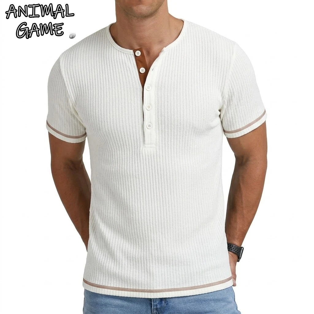 Summer Short Sleeve Henley Shirt Casual Hawaiian T-Shirts for Men Beach Outdoor TShirts Fitness Gym Stripes Button Down Tops