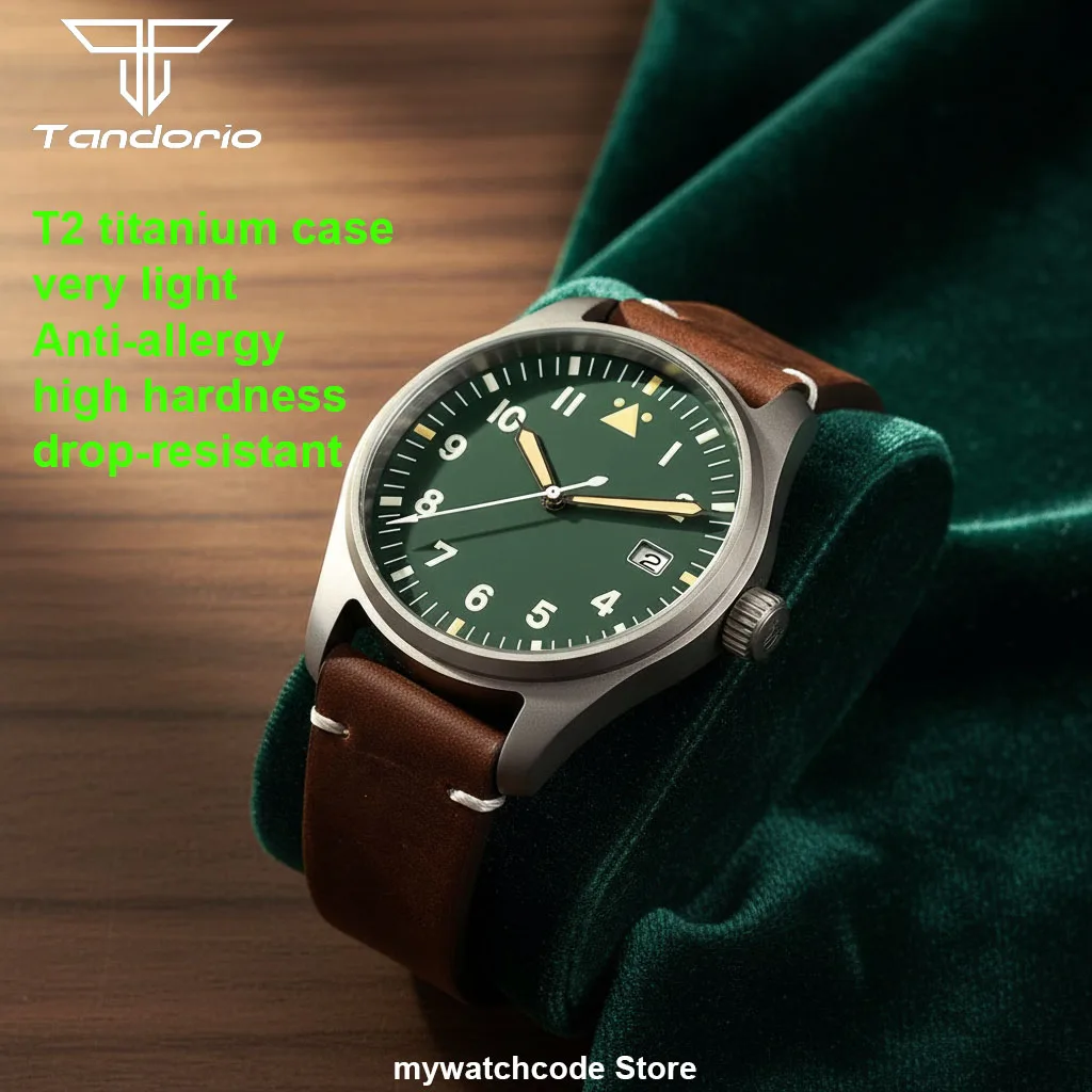 

Высококачественный титановый корпус T2, зеленый пилот, механические часы, мужские водонепроницаемые часы 20 бар, японский механизм NH35, наручные часы с кожаным ремешком