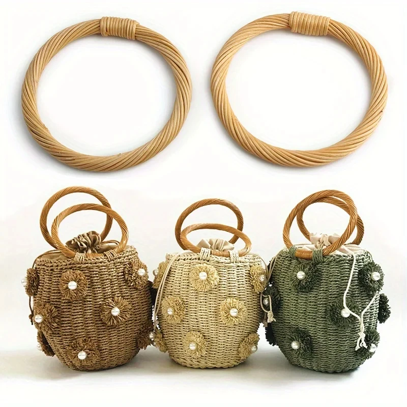 1pcs Round Rattan Bag Handles 12.5cm Woven Wooden Crochet Hangbag Handles DIY Making Purse Replacement Straps Accessories