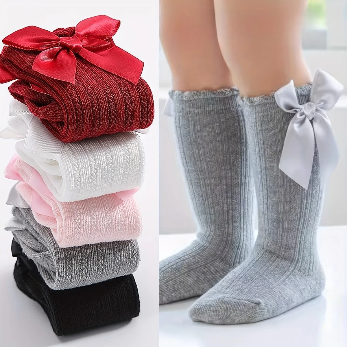 

New Born Baby Girls Socks Spring Summer Autumn Non Slip Floor Crawling Sock Cute Big Bow Knee High Long Stockings for Toddlers