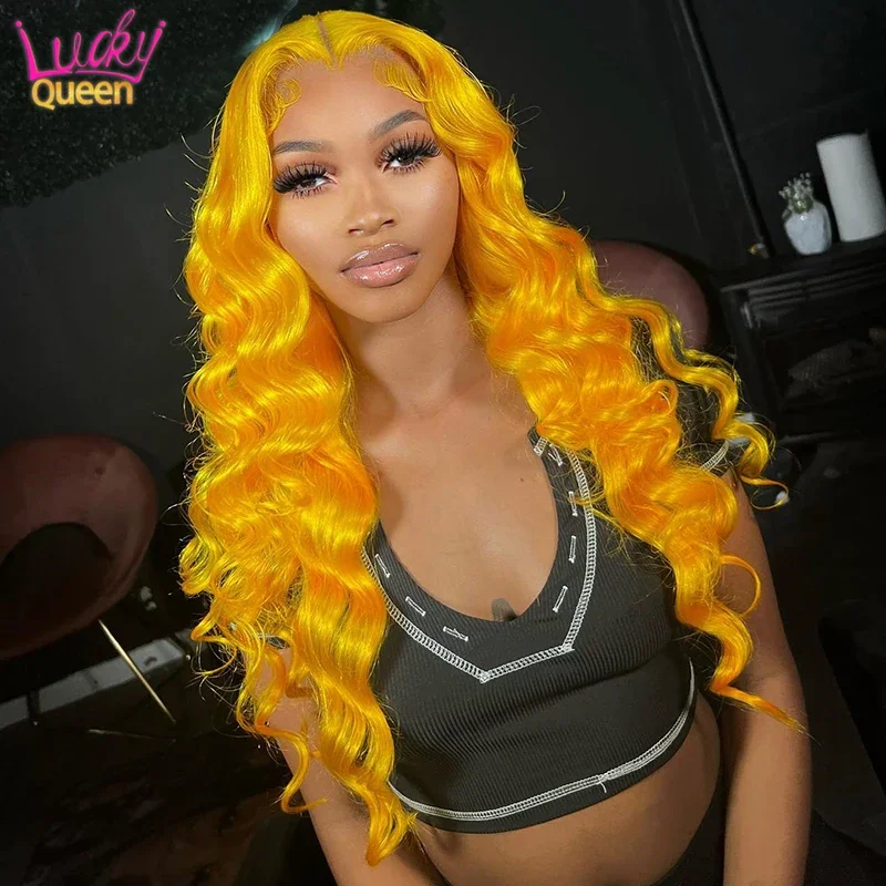 Wig cerah Lemon kuning 30 inci gelombang tubuh renda transparan Wig depan pra pencabutan rambut Remy 13X4 13X6 Wig Frontal untuk wanita