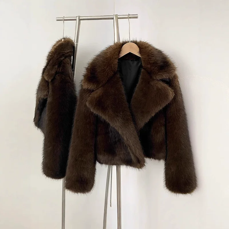 TARUXY Faux Fur Coat Women's Fashion Turn-Down Collar Loose Long Sleeve High Street Coat 2025 Winter Elegant Streetwear Female