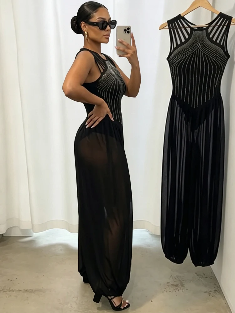 Kricesseen Sexy Women Rhinestone Crystal Details Jumpsuit New Sparkly Sheer Mesh Contemporary Dance Harem Pants Jumpsuit