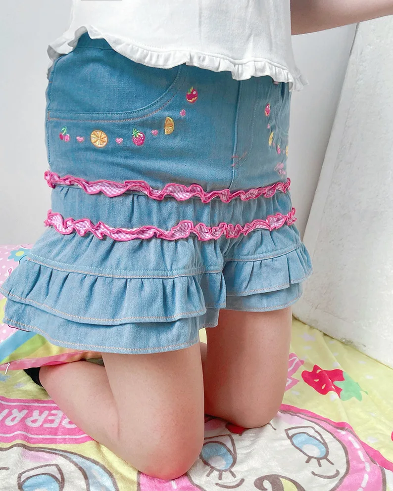 Mp Daughter Clothing Sweet Princess Denim Skirt Japanese Cartoon Embroidery Cute Slim Fit Skirt Mother Daughter Matching Clothes