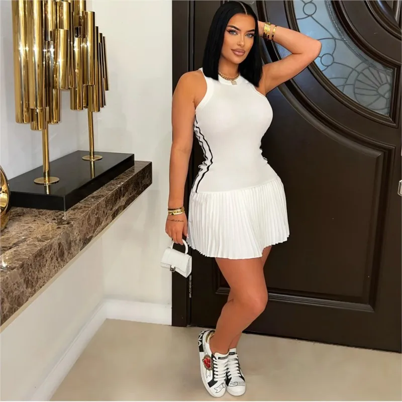 

Fashion O-neck Sleeveless Side Striped Ribbed Pleated Mini Dress For Women Sexy Slim Night Club Tank New Summer Birthday Robe