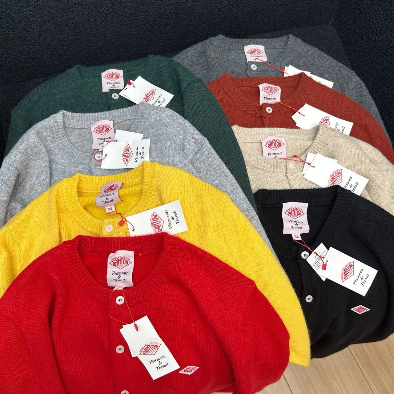 Trendy brand DANTON vintage classic embroidered logo multi-color and solid color all-wool knitted cardigan jacket