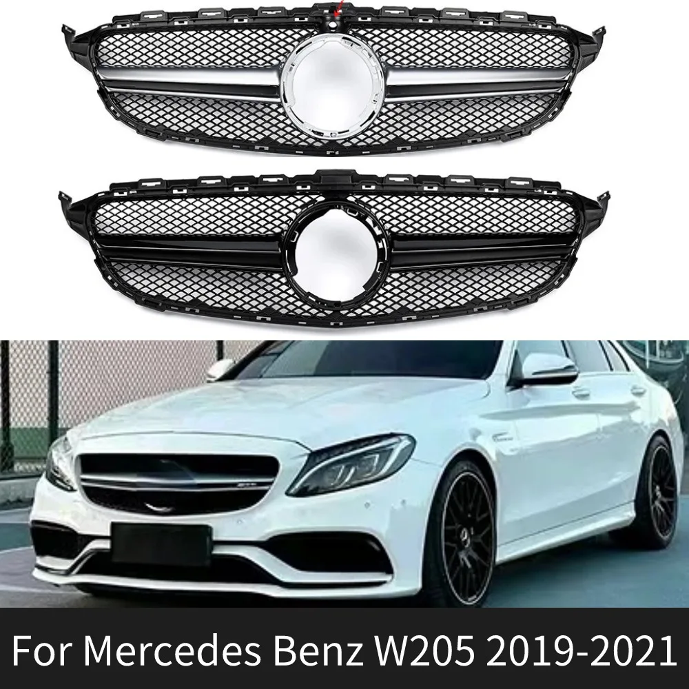 For Mercedes Benz W205 C Class 2019-2021 AMG Style Grill Front Grille C200 C300 C250 C43 AMG Silver/Black Upper Bumper Hood Mesh