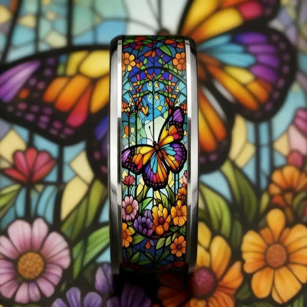 Vibrant Stained Glass Butterfly Floral Ring Fashion Art Style Stainless Steel Rings for Women Men Wedding Party Jewelry Gifts