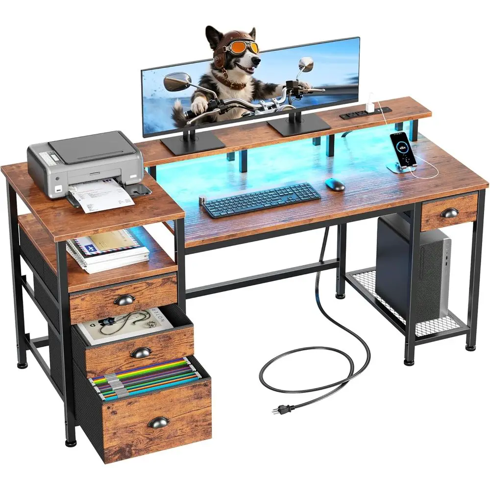 

60 Reversible Rustic Brown Computer Desk with LED Lights, Monitor Stand, Storage Shelves, and 4 Drawers