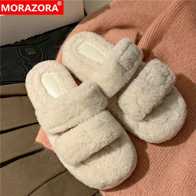 

MORAZORA 2023 New Nature Wool Slippers Women Shoes Flat Fur Slipper Outdoor Winter Shoes Female