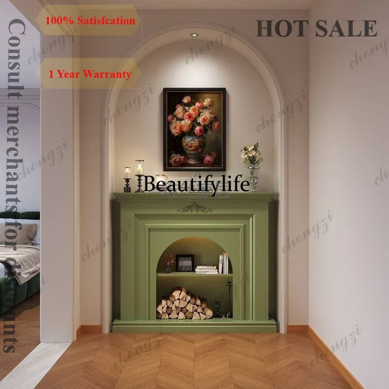 B56 French Cream Wind Solid Wood Fireplace Cabinet Rack American Retro Green Living Room Decorative Side Cabinet Entry Entrance