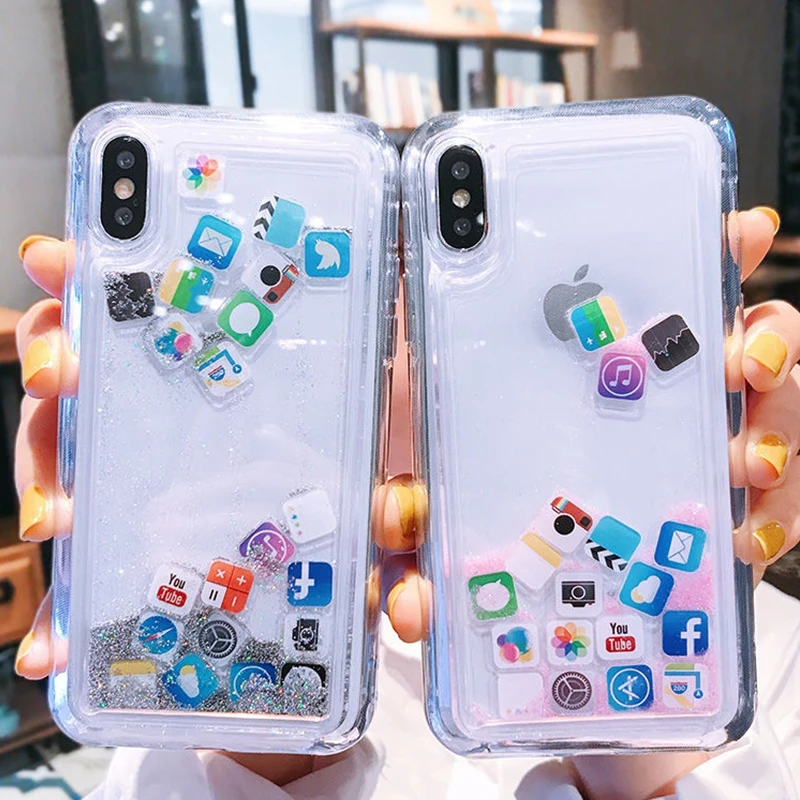 Phone Case For iphone 16 15 14 13 12 Mini 11 Pro XSMax XR X SE 6S 6 7 8 Plus Transparent Liquid Quicksand Glitter Cover APP Icon