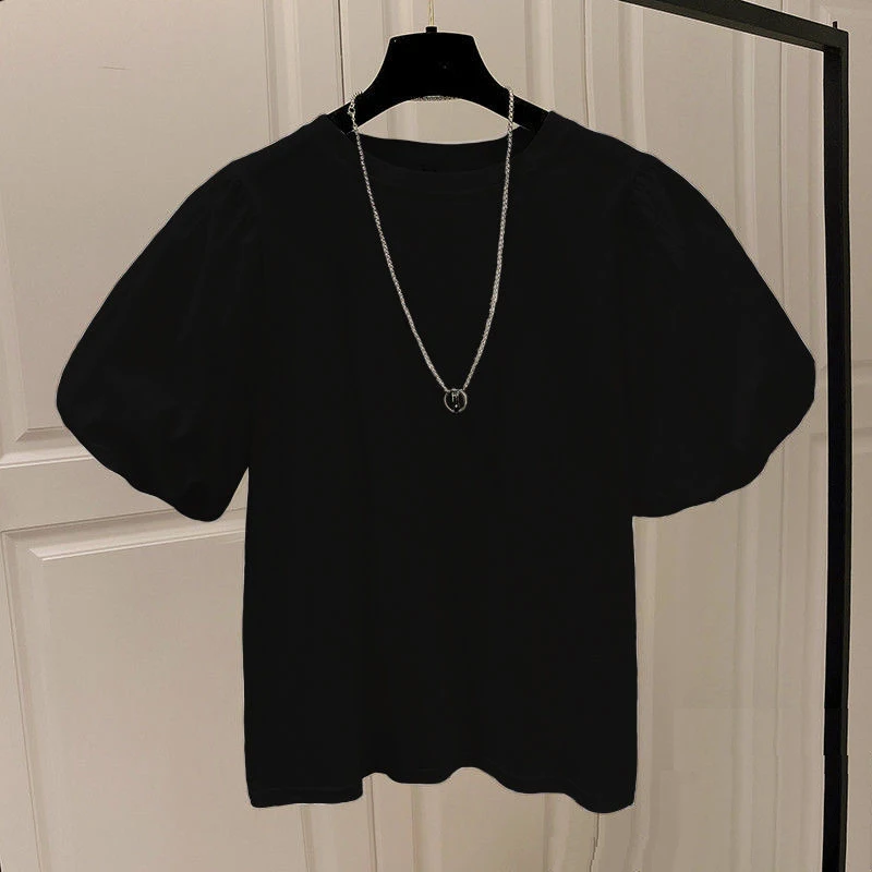 Cotton 2023 Summer New In Korean Round Neck Bubble Short Puff Sleeve T-shirt Ins Fashion Tee Lady Tops White Black tShirts