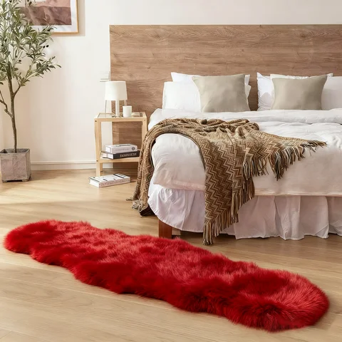 Imitation Sheepskin Carpet For Living Room Fluffy Plush Sofa Cushion Luxurious Faux Fur Rugs Kids Bedroom Bedside Foot Mat Red