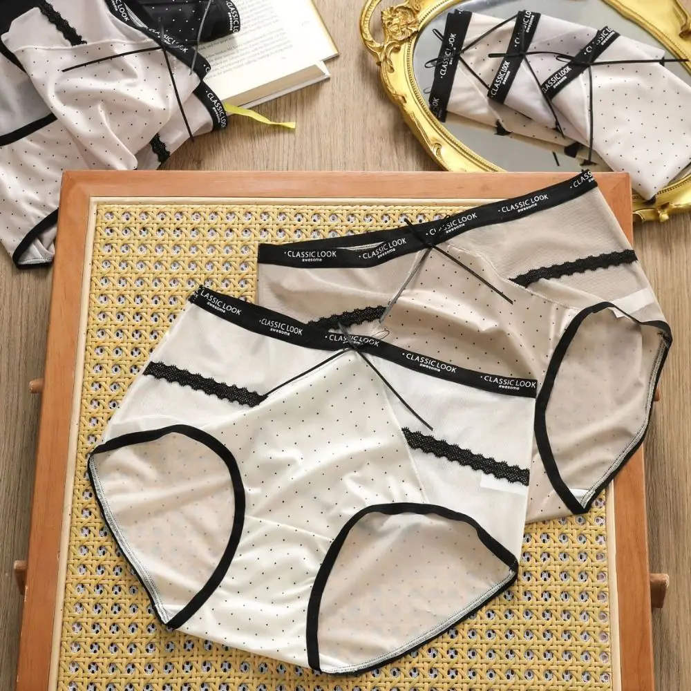 Light Thin Mesh Women's Underwear Satin Hollowed-out Wave Point Underpants Bow Seamless Briefs Girl