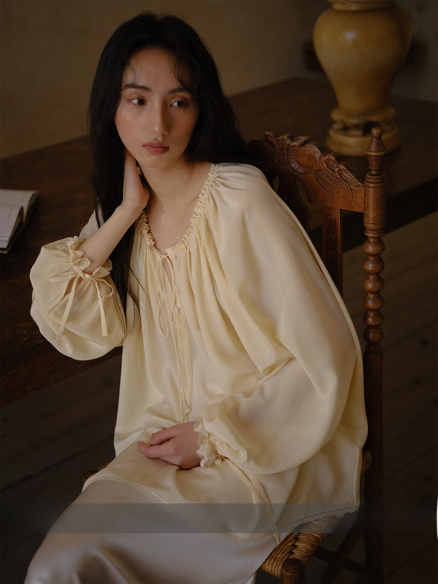 

Silk Long Sleeve Blouse Women's Shirt Commuse Memory Sugar Frost Pleat Lace Patchwork Wooden Female Shirt Breathable Ski...