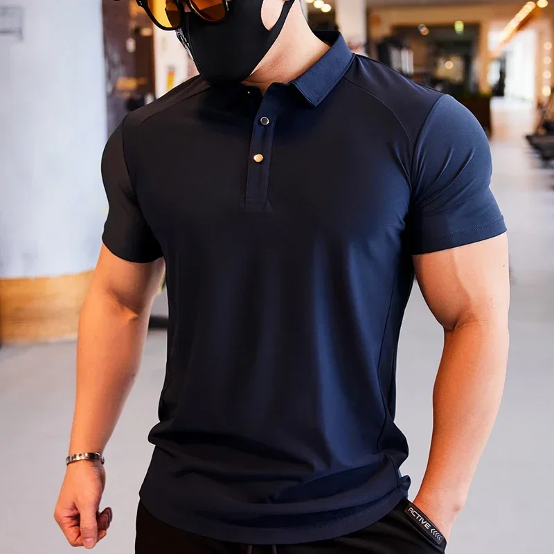 Maglietta a maniche corte attillata da allenamento Fitness da uomo maglietta da Bodybuilding maschile polo sportiva risvolto abbigliamento sportivo