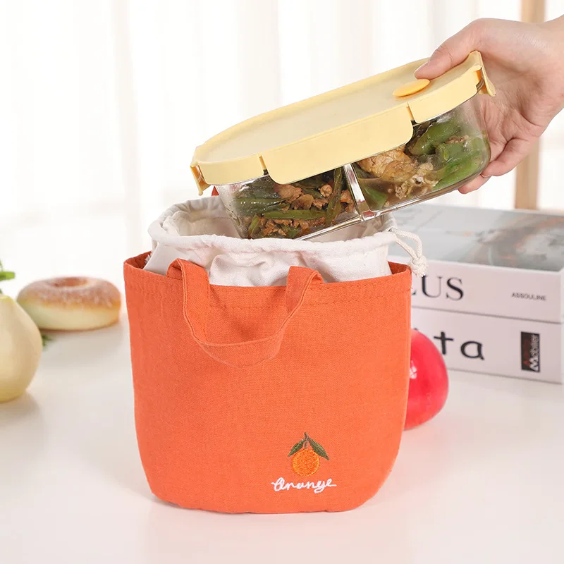 Bolsa de almuerzo térmica con cordón para niños, bolso de mano con bordado de frutas, caja de almuerzo portátil, lindo japonés