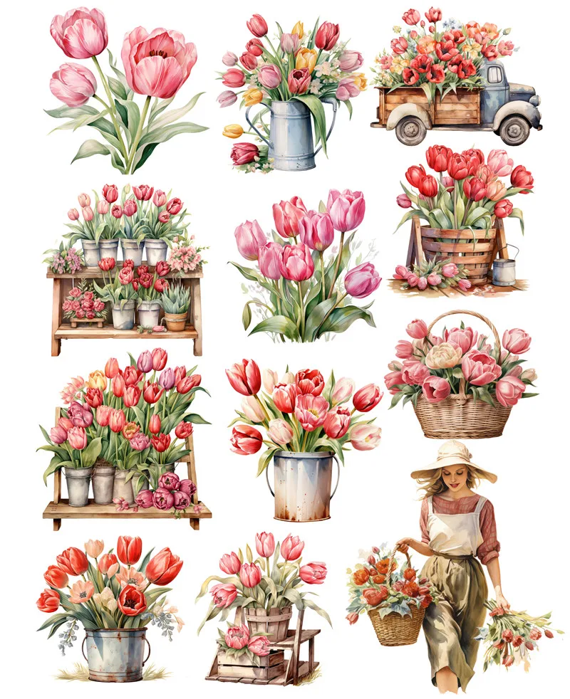 12Pcs/Pack Tulip Truck Sticker DIY Craft Scrapbooking Album Junk Journal Decorative Stickers