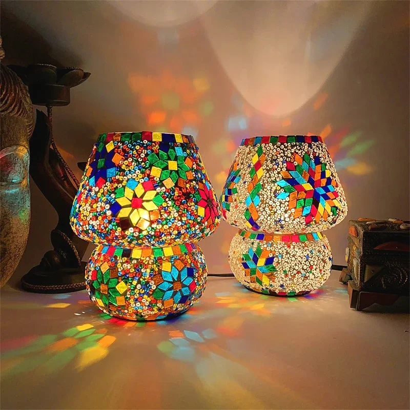 Handmade Glass Mushroom Table Lamps Turkish Mosaic Home Decor for Bedroom Night Lights Desk Lighting Fixtures LED Aromatherapy