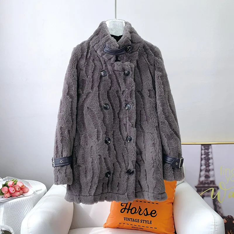 JT3186 Women Girl Sheep Shearling Warm Coats Female Lady Lamb Wool Jacket Winter Stand Collar Overcoat Parka