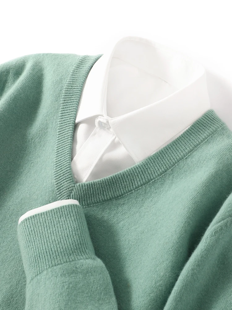 2025 Autumn Winter Men Wool Sweater Simple Comfort Pullover V-neck Long Sleeve Casual Jumper Pure Wool Knit Shirt